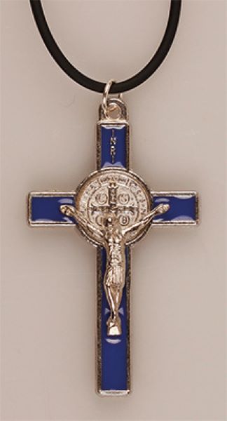 Crucifix St Benedict Metal Blue Enamel Pendant 7.5 CM