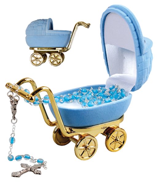 Christening Baptism Rosary Beads Blue Boy In a Pram Shape Box