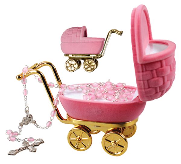 Christening Baptism Rosary Beads Pink Girl In a Pram Shape Box