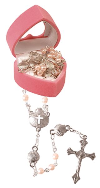 Christening Baptism Rosary Beads Pearl Effect Pink Girl In a Heart Shape Box
