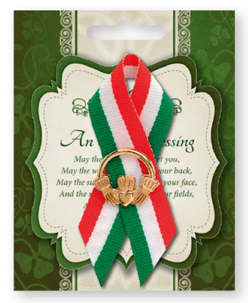 St Patrick's Day Cladagh Pin in Multicolour Ribbon