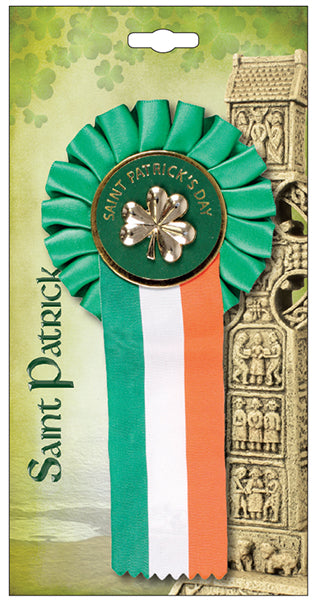 St Patrick's Day Motif Shamrock Rosette with Multicolour Ribbon