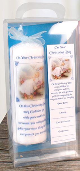 Christening Candle Blue Boy Ribbon & Leaflet Gift Boxed