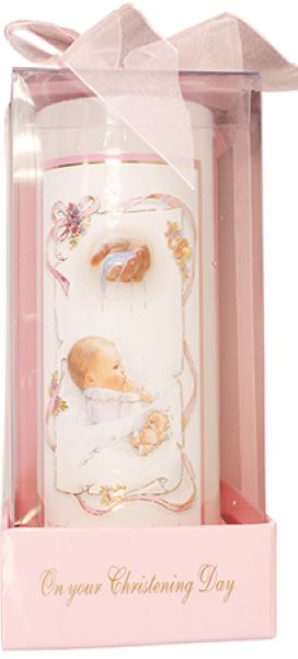 Christening Candle Pink Girl Ribbon Gift Boxed