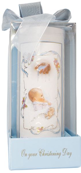 Christening Candle Blue Boy Ribbon Gift Boxed