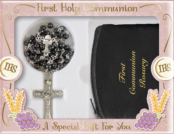 First Holy Communion Imitation Rosary Beads & Leather Black Purse Set