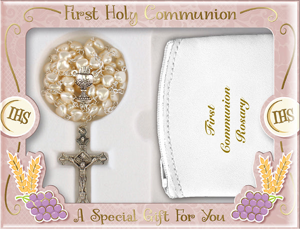 First Holy Communion Rosary Beads & Leather White Purse Set