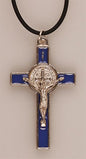 Crucifix St Benedict Metal Blue Enamel Pendant 7.5 CM