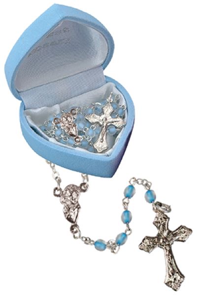 Christening Baptism Rosary Beads Blue Boy In a Heart Shape Box
