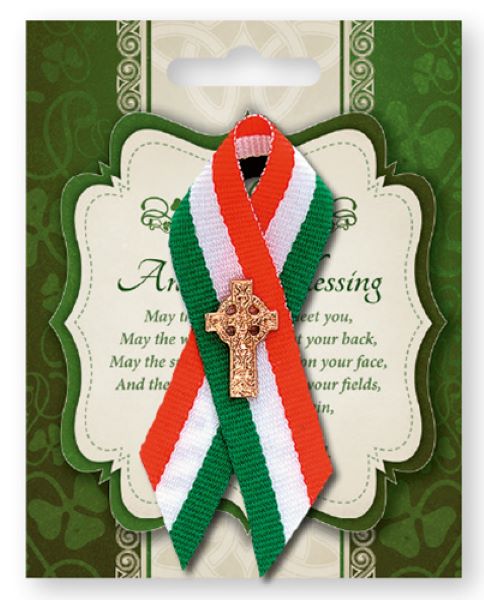 St Patrick's Day Celtic Cross Pin in Multicolour Ribbon