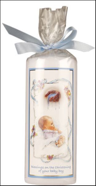 Christening Candle Blue Boy Ribbon Gift Wrapped