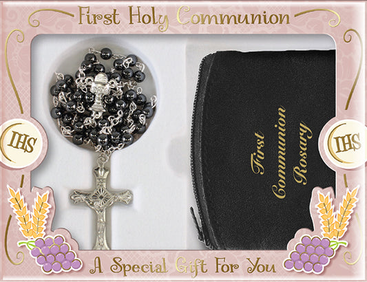 First Holy Communion Imitation Rosary Beads & Leather Black Purse Set