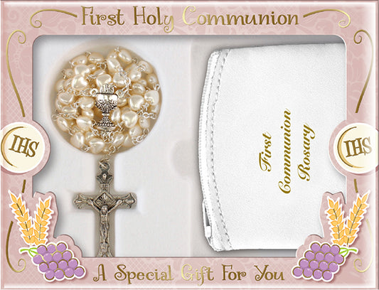 First Holy Communion Rosary Beads & Leather White Purse Set