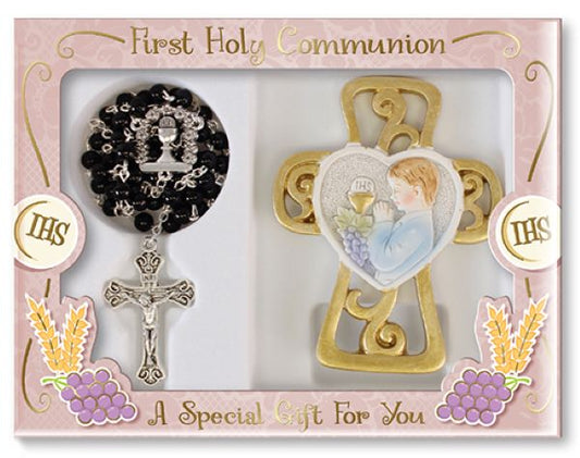 First Holy Communion Black Rosary Beads & Standing Cross Set Boy