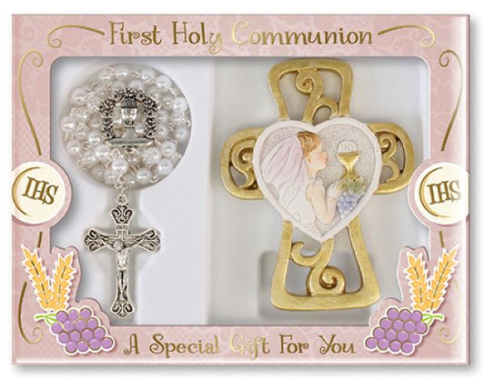 First Holy Communion White Rosary Beads & Standing Cross Set Girl